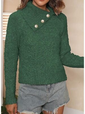 Casual Regular Pure Ribbed Shirt Collar Long Sleeve Knit Top - Image 5