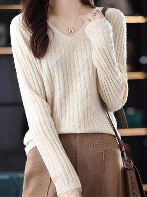 Casual Regular Pure V Neck Long Sleeve Knitted Jumper - Image 1