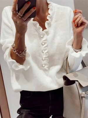 Casual Regular Pure V Neck Long Sleeve Knit Top - Image 1