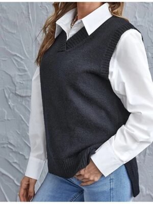 Casual Regular Pure V Neck Sleeveless Knit Vest - Image 3