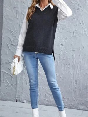 Casual Regular Pure V Neck Sleeveless Knit Vest - Image 5