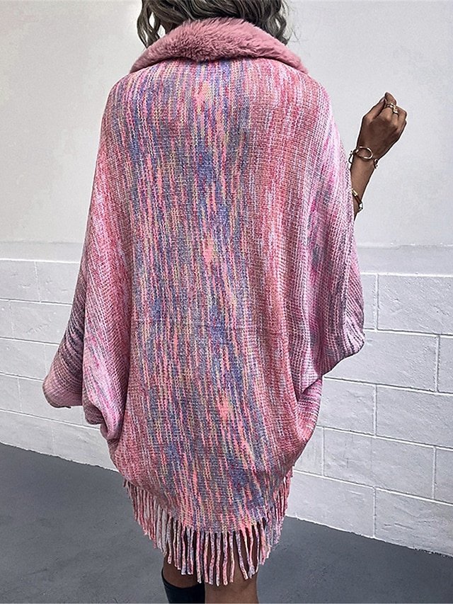 Casual Regular Rainbow Open Front Tassel Long Sleeve Knit Shrug - Image 1