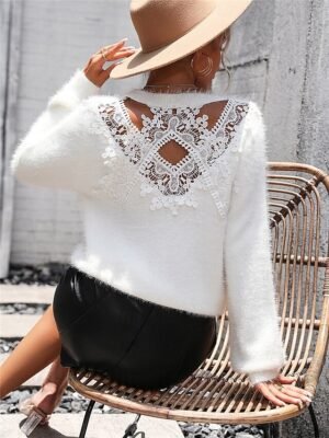 Casual Regular Ribbed Crew Neck Lace Patchwork Long Sleeve Knit Top - Image 5