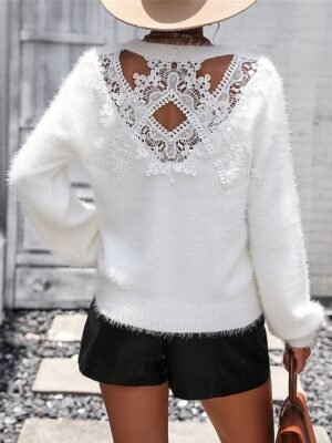Casual Regular Ribbed Crew Neck Lace Patchwork Long Sleeve Knit Top - Image 7