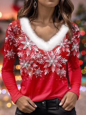 Casual Regular Snowflake Print V Neck Long Sleeve Top - Image 6