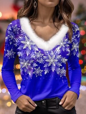 Casual Regular Snowflake Print V Neck Long Sleeve Top - Image 7