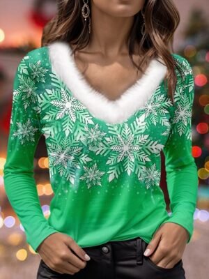 Casual Regular Snowflake Print V Neck Long Sleeve Top - Image 9