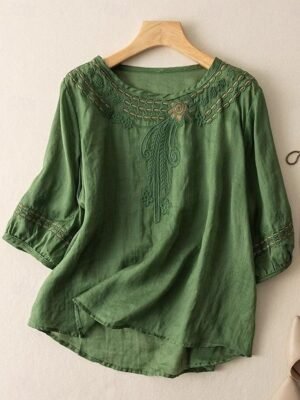 Casual Regular Solid Crew Neck 3/4 Sleeve Summer Blouse - Image 7