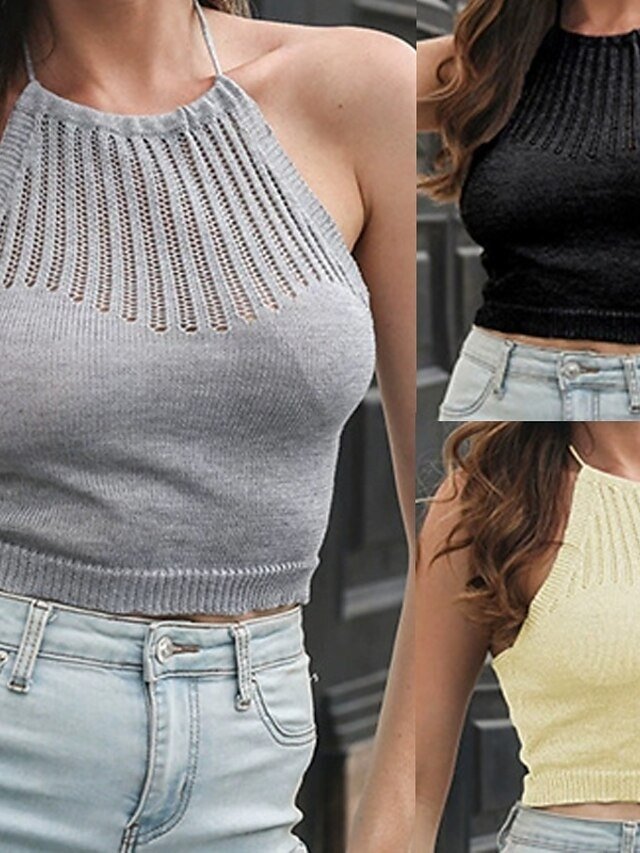 Casual Regular Solid Crew Neck Sleeveless Crop Top - Image 1