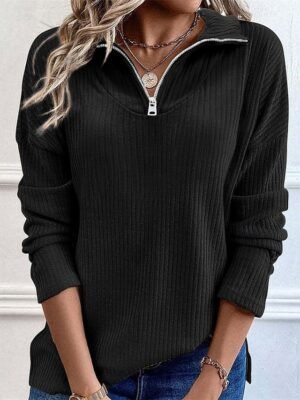 Casual Regular Solid Half Zip Long Sleeve Knitted Sweater - Image 3