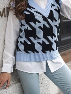 Casual Regular Solid Houndstooth V Neck Sleeveless Regular Sweater Vest - Image 2
