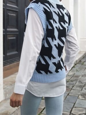 Casual Regular Solid Houndstooth V Neck Sleeveless Regular Sweater Vest - Image 4