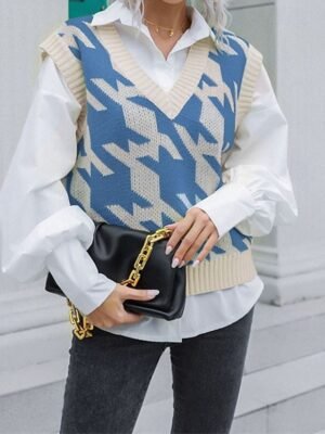 Casual Regular Solid Houndstooth V Neck Sleeveless Regular Sweater Vest - Image 5