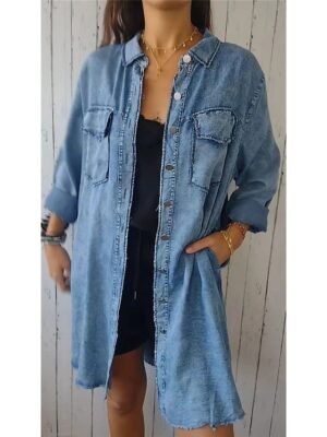 Casual Regular Solid Long Sleeve Long Denim Jacket - Image 1