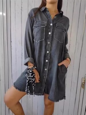 Casual Regular Solid Long Sleeve Long Denim Jacket - Image 3