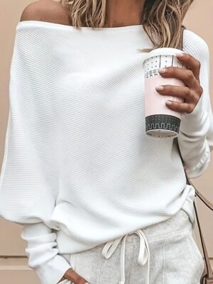 Casual Regular Solid Off Shoulder Long Sleeve Knitted Top - Image 11