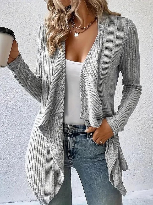 Casual Regular Solid Open Front Long Sleeve Asymmetric Hem Cardigan Coat - Image 1