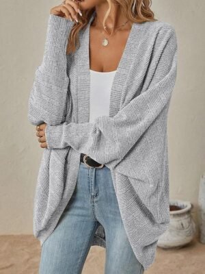 Casual Regular Solid Ribbed Open Front Batwing Sleeve Long Cardigan - Image 1