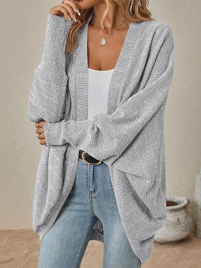 Casual Regular Solid Ribbed Open Front Batwing Sleeve Long Cardigan - Image 1