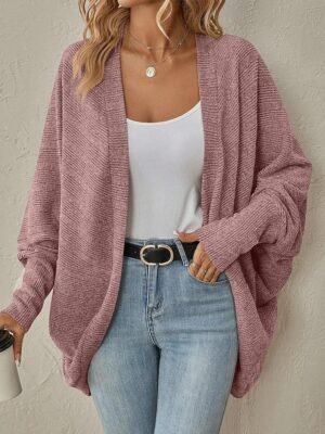 Casual Regular Solid Ribbed Open Front Batwing Sleeve Long Cardigan - Image 2