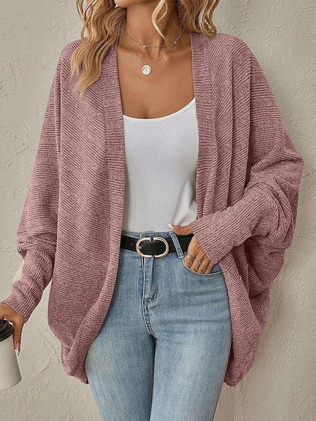 Casual Regular Solid Ribbed Open Front Batwing Sleeve Long Cardigan - Image 2