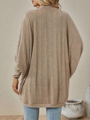 Casual Regular Solid Ribbed Open Front Batwing Sleeve Long Cardigan - Image 4