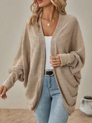 Casual Regular Solid Ribbed Open Front Batwing Sleeve Long Cardigan - Image 5