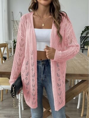 Casual Regular Solid Ribbed Open Front Long Sleeve Cardigan Coat - Image 1