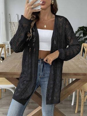 Casual Regular Solid Ribbed Open Front Long Sleeve Cardigan Coat - Image 11