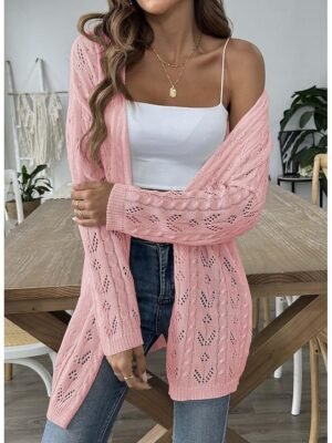 Casual Regular Solid Ribbed Open Front Long Sleeve Cardigan Coat - Image 3