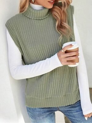 Casual Regular Solid Ribbed Turtleneck Sleeveless Knitted Vest - Image 3