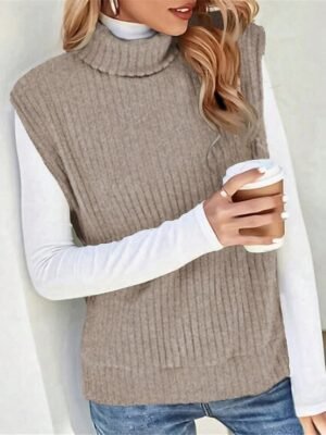 Casual Regular Solid Ribbed Turtleneck Sleeveless Knitted Vest - Image 7