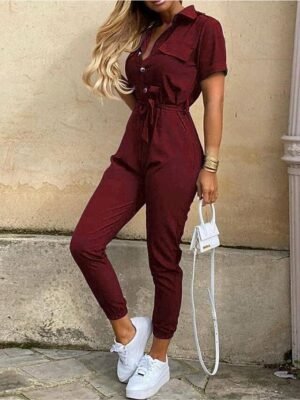 Casual Regular Solid Shirt Collar Short Sleeve Jumpsuit - Image 2