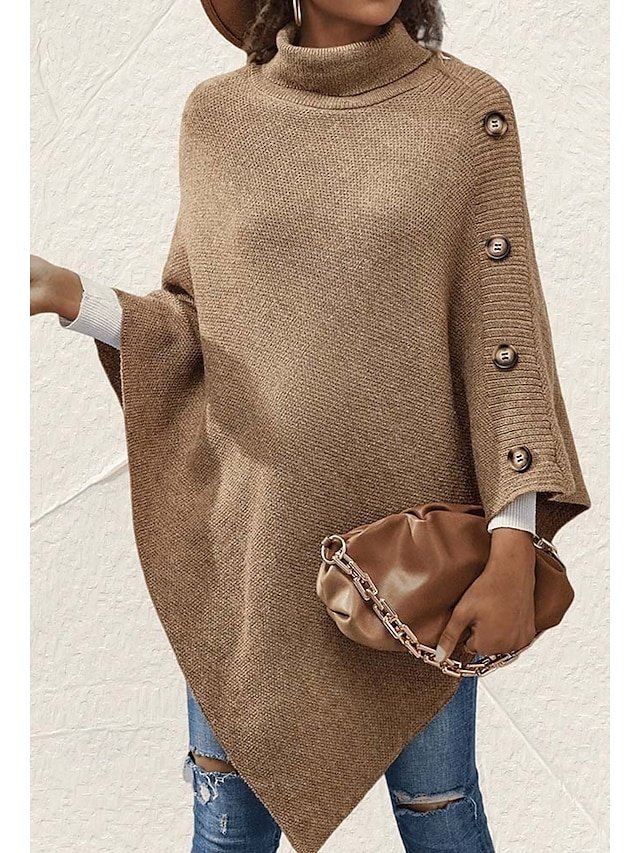 Casual Regular Solid Turtleneck 3/4 Sleeve Knitted Cape - Image 1