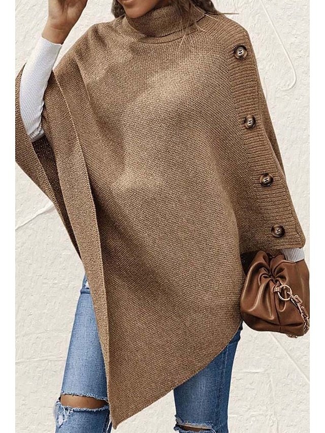 Casual Regular Solid Turtleneck 3/4 Sleeve Knitted Cape - Image 2