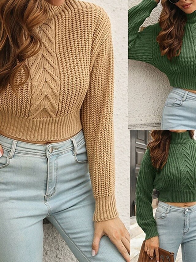 Casual Regular Solid Turtleneck Long Sleeve Crop Top - Image 1