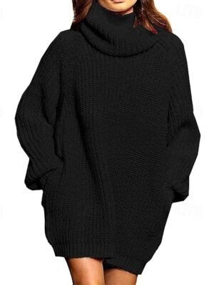 Casual Regular Solid Turtleneck Long Sleeve Sweater Dress - Image 1