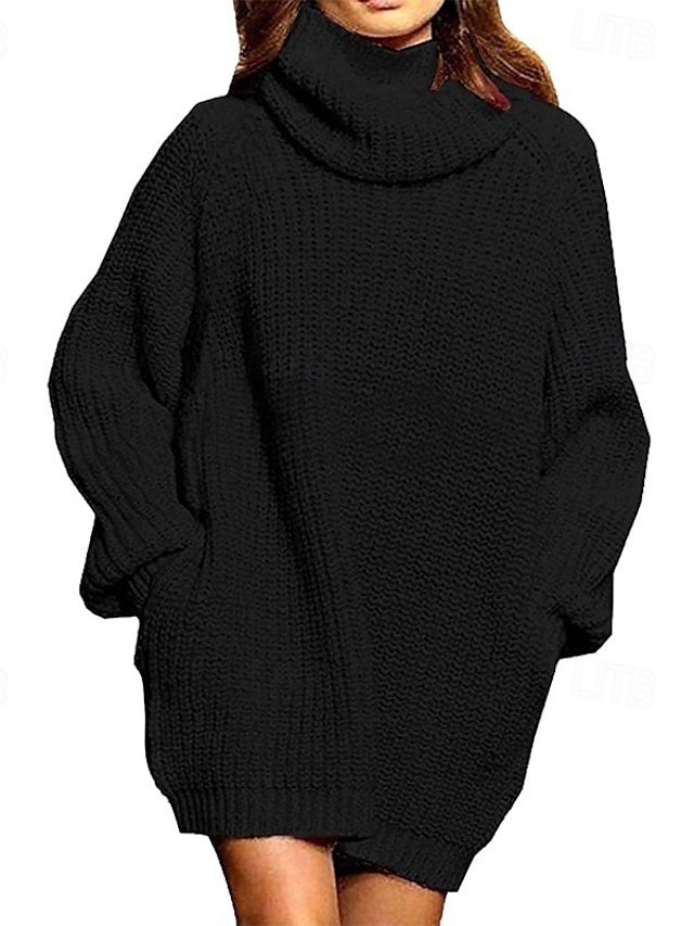 Casual Regular Solid Turtleneck Long Sleeve Sweater Dress - Image 1