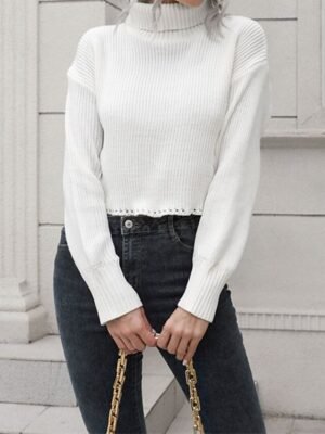 Casual Regular Solid Turtleneck Long Sleeve Crop Top - Image 2