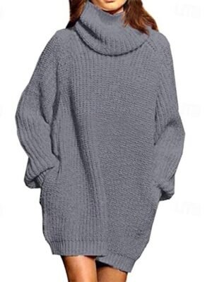 Casual Regular Solid Turtleneck Long Sleeve Sweater Dress - Image 3