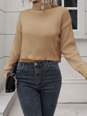 Casual Regular Solid Turtleneck Long Sleeve Crop Top - Image 6