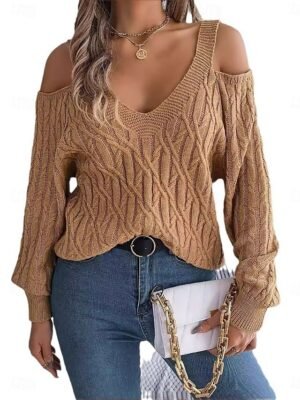 Casual Regular Solid V Neck Cold Shoulder Long Sleeve Jumper - Image 3