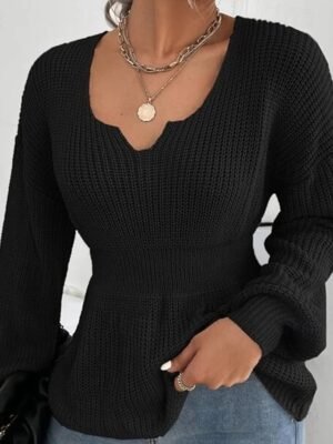 Casual Regular Solid V Neck Long Sleeve Knit Top - Image 1