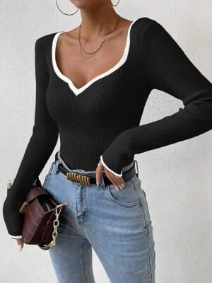 Casual Regular Solid V Neck Long Sleeve Knit Top - Image 1