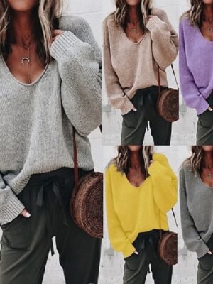 Casual Regular Solid V Neck Long Sleeve Sweater - Image 1