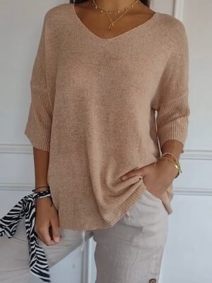 Casual Regular Solid V Neck Long Sleeve Knit Top - Image 1