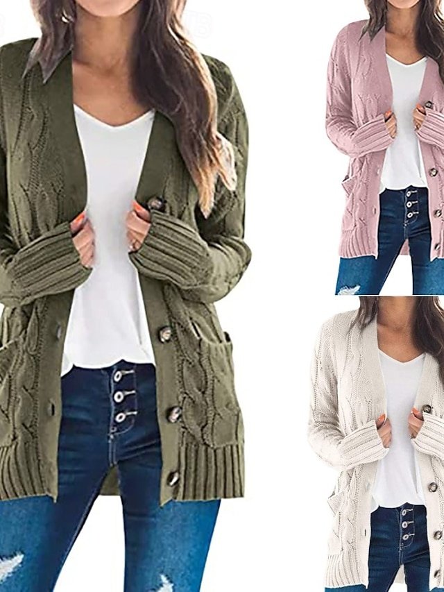 Casual Regular Solid V Neck Long Sleeve Knit Cardigan - Image 1