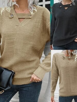 Casual Regular Solid V Neck Long Sleeve Knit Top - Image 1