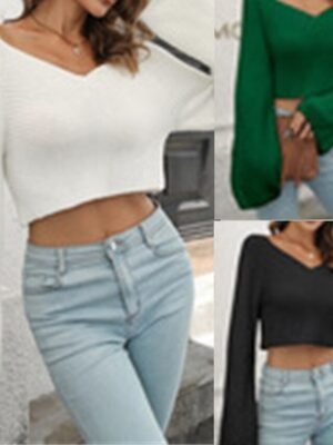 Casual Regular Solid V Neck Long Sleeve Knit Top - Image 1