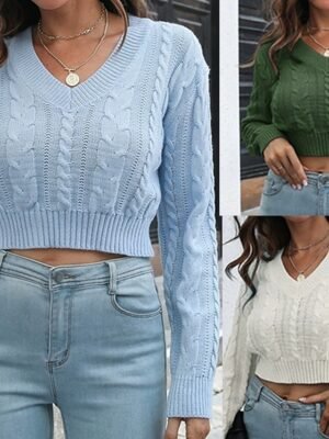 Casual Regular Solid V Neck Long Sleeve Crop Knit Top - Image 1